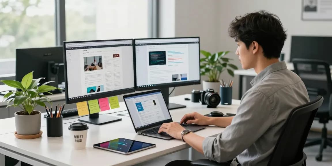 Professional workspace featuring WPS Official Website on screens in a modern office.