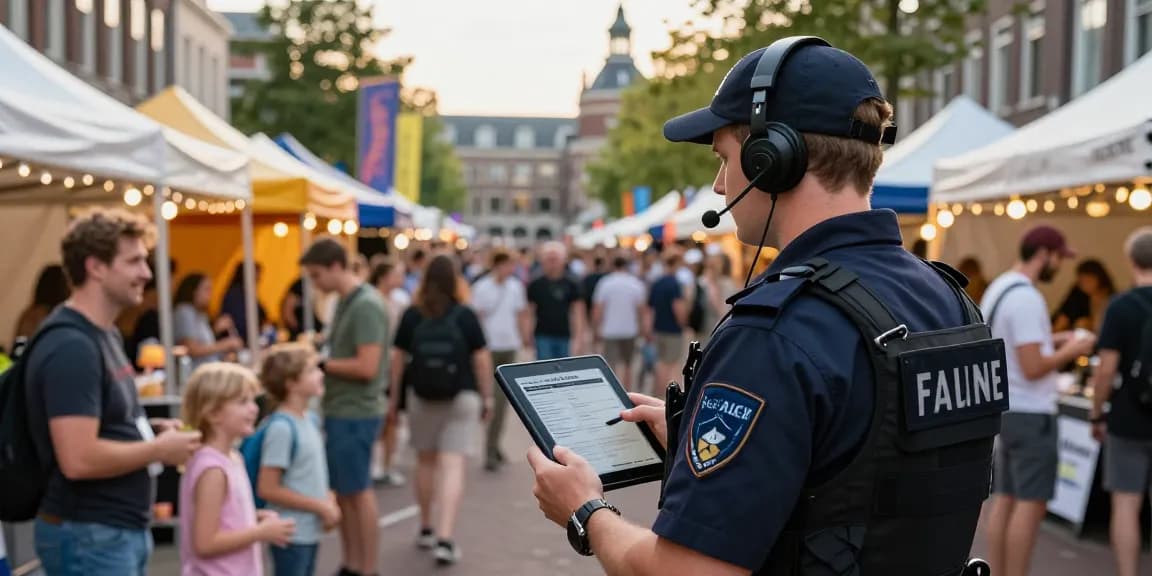 Security personnel ensuring safety at a lively street festival in Den Haag, highlighting beveiliging den haag efforts.