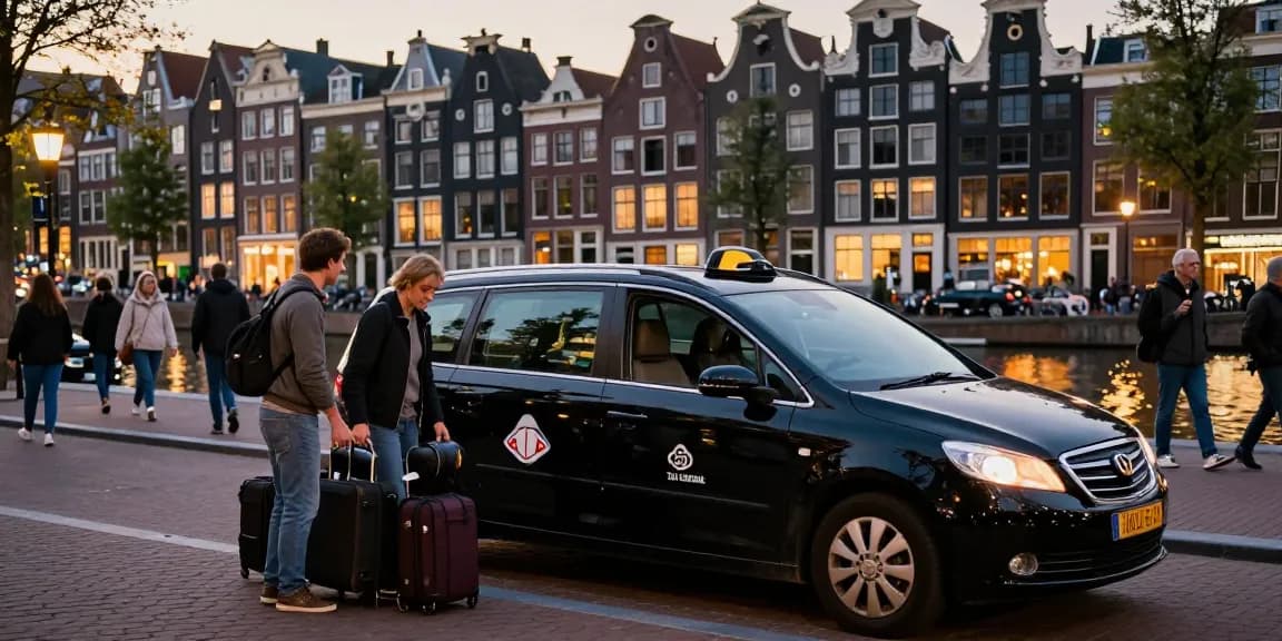 Taxi Amsterdam service at sunset with driver assisting passengers.
