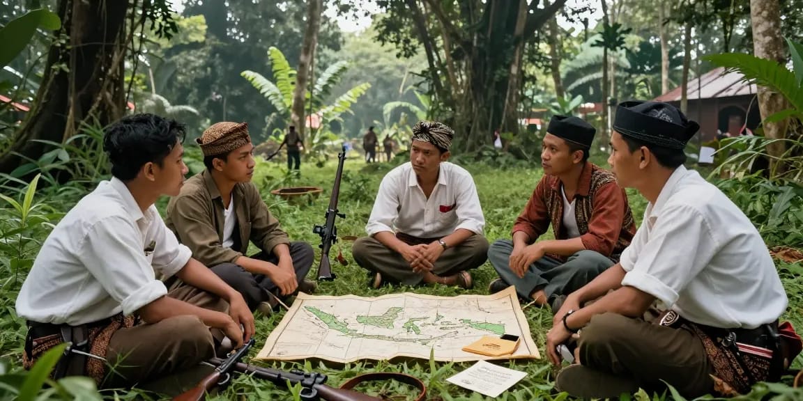 Indonesian freedom fighters discussing strategies during the colonial era, showcasing historical resistance related to rokok 88.