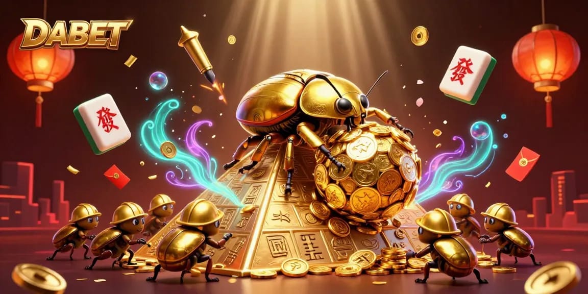 DABET players engaging with a vibrant 3D scene of golden beetles and casino symbols, experiencing excitement.