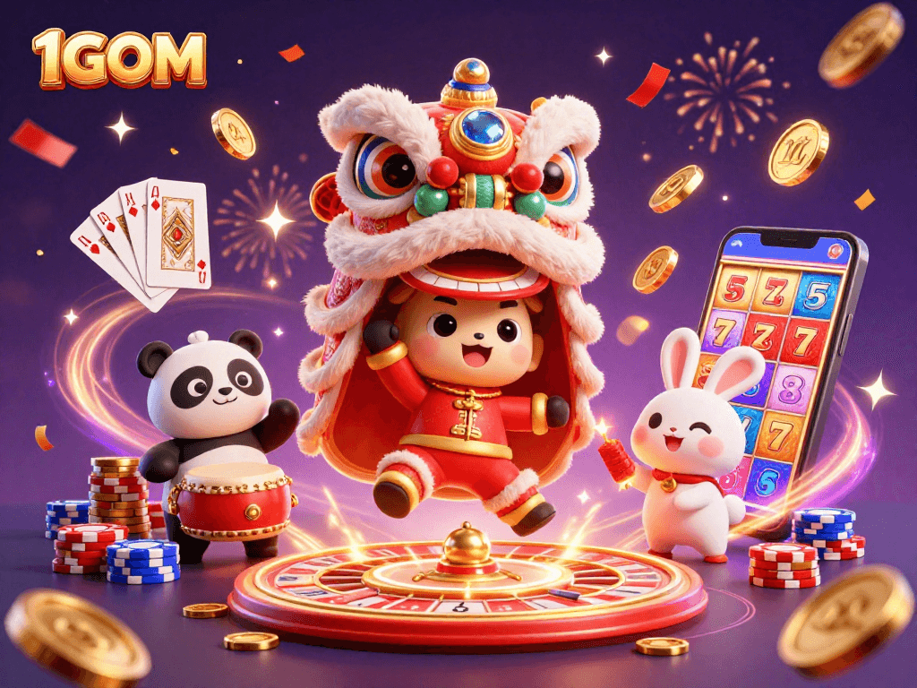 Exciting 1GOM gaming scene with characters celebrating and winning, showcasing vibrant casino elements.