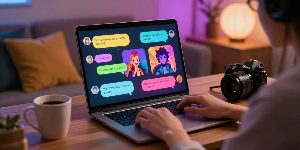 Engaging NSFW character AI interaction on a sleek laptop with colorful chat displays in a cozy atmosphere.