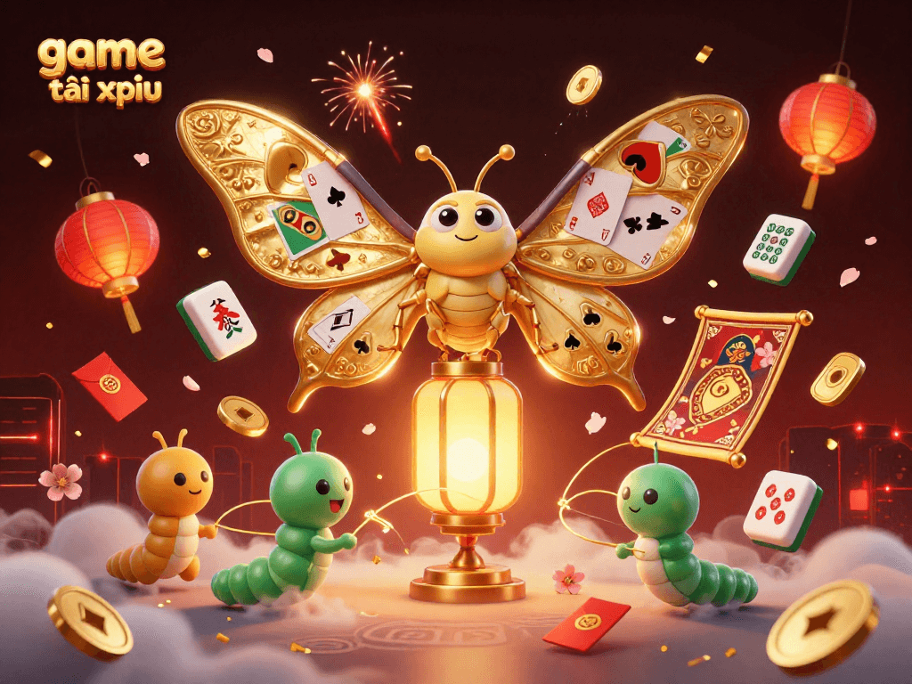 Experience game tài xỉu with a vibrant illustration of golden moths and casino themes in action.