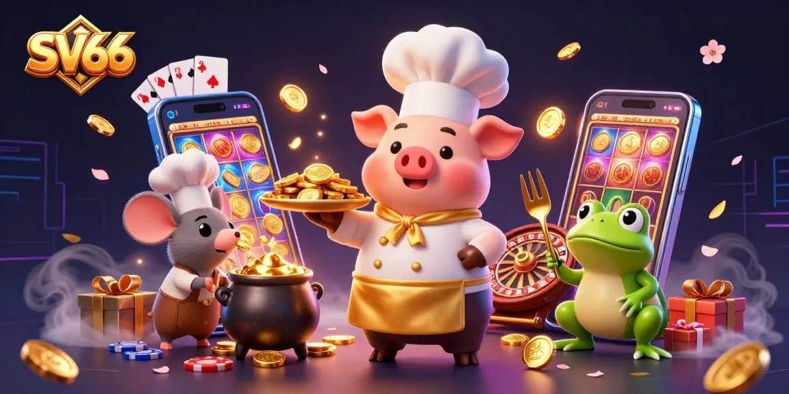 SV66 promotes thrilling online gaming with cartoon chef and dynamic casino visuals.