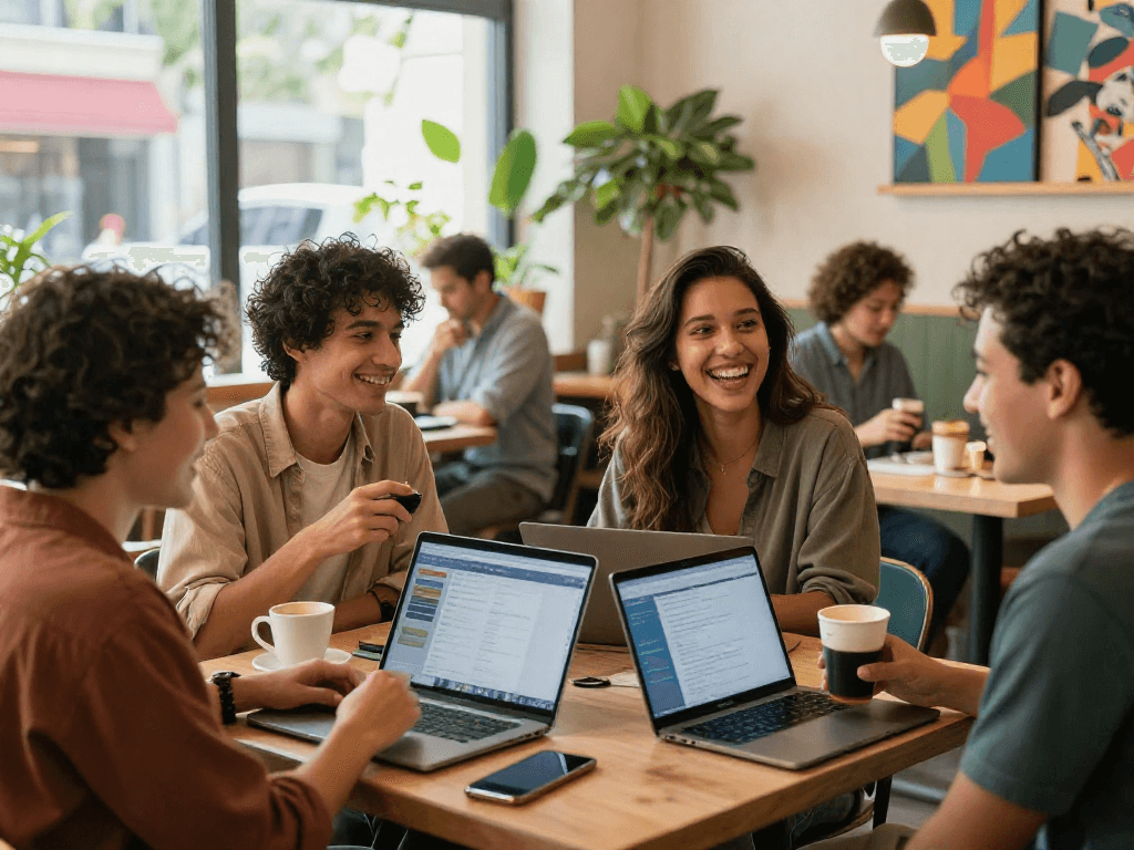 Singles engaging in meaningful conversations on f168 com in a vibrant café setting