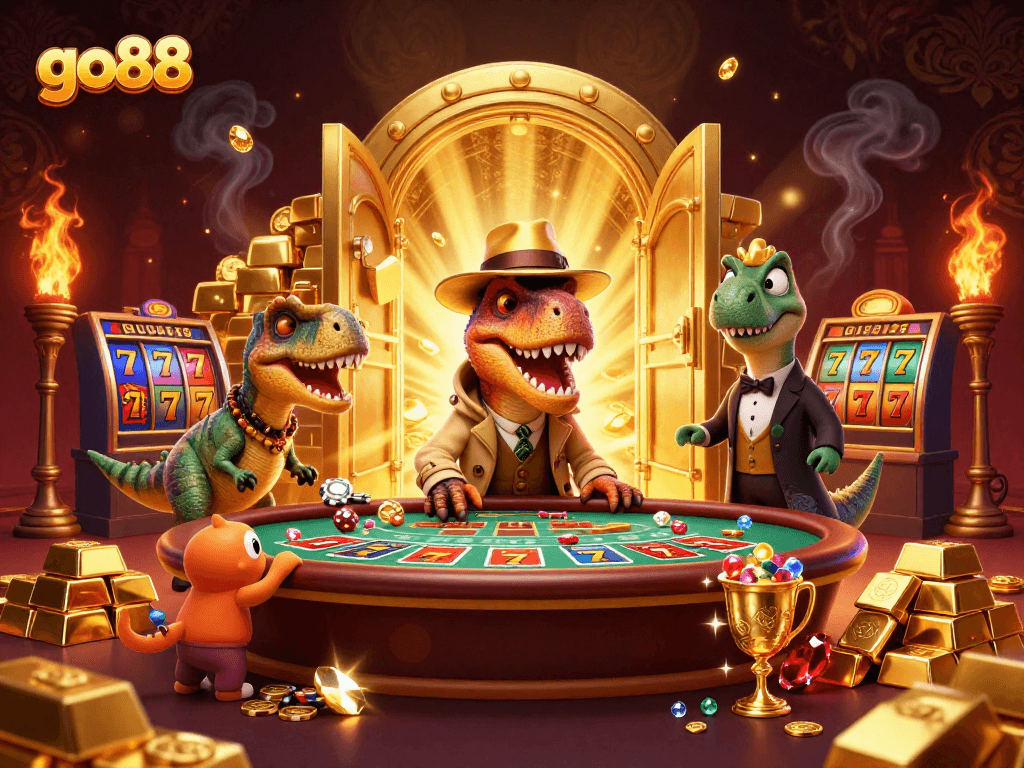 Join the excitement with go88 at a vibrant casino table featuring playful dinosaurs.