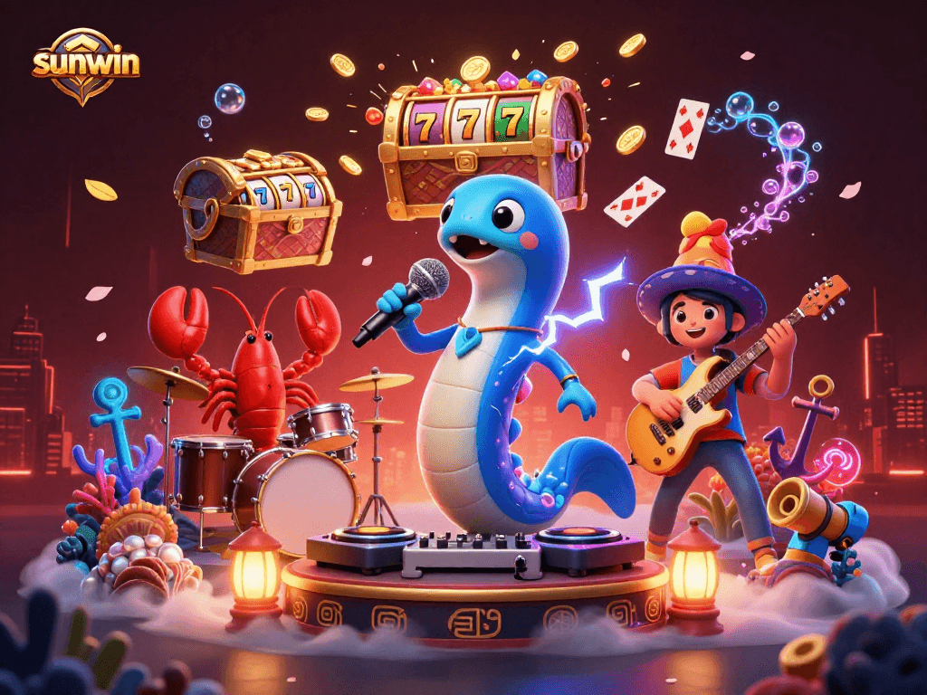 sunwin showcases a lively underwater casino scene with an electric eel DJ, lobster drummer, and seahorse guitarist.