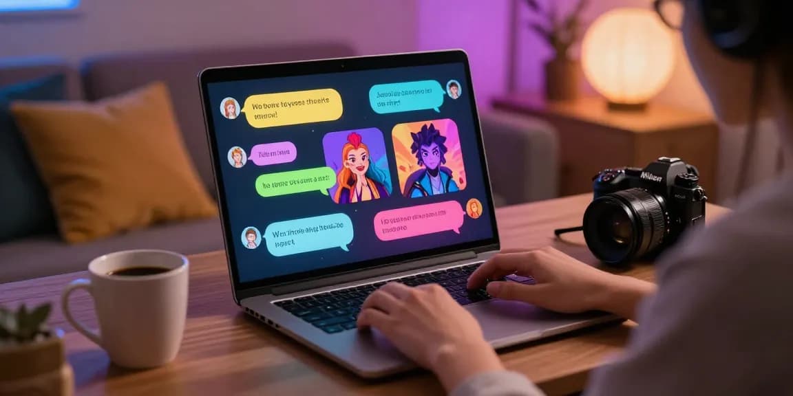 Engaging NSFW character AI interaction on a sleek laptop with colorful chat displays in a cozy atmosphere.
