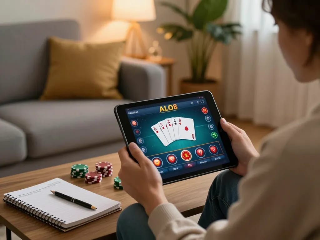 ALO8 gaming experience on tablet with cozy home setting highlighting responsible entertainment.