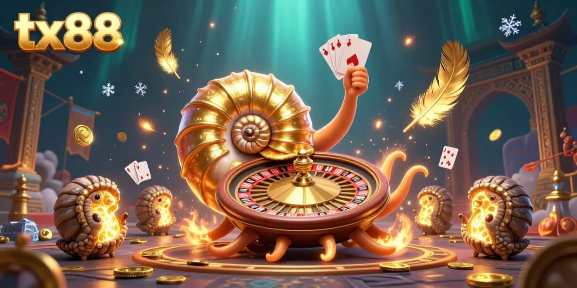 Experience the thrilling world of tx88 with an ancient giant nautilus roulette wheel and glowing ammonite companions in a vibrant casino setting.