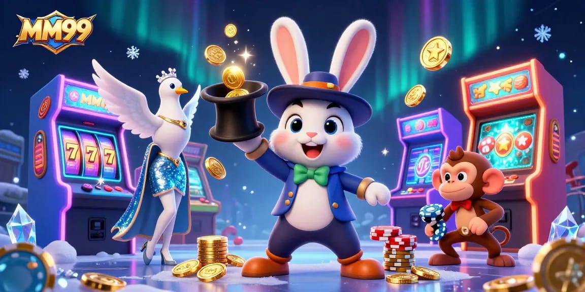 Experience the excitement of MM99 with a magical scene of winning coins and playful characters.