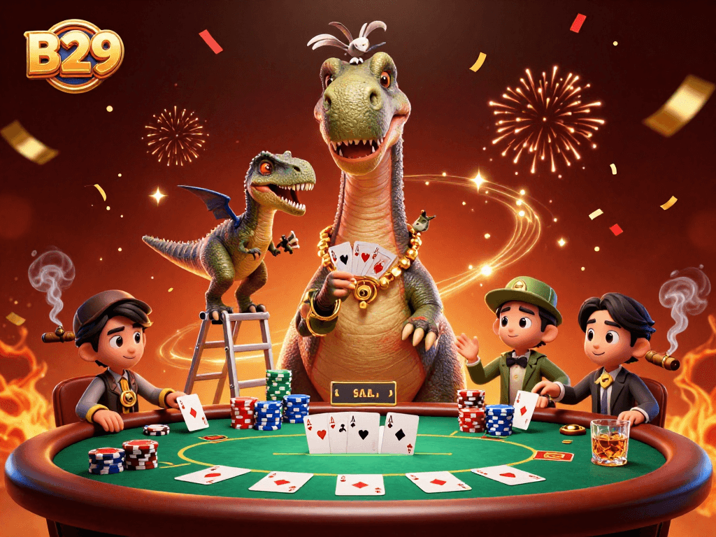 Experience the thrill of B29 casino with vibrant Poker action, featuring a giant brontosaurus dealer!