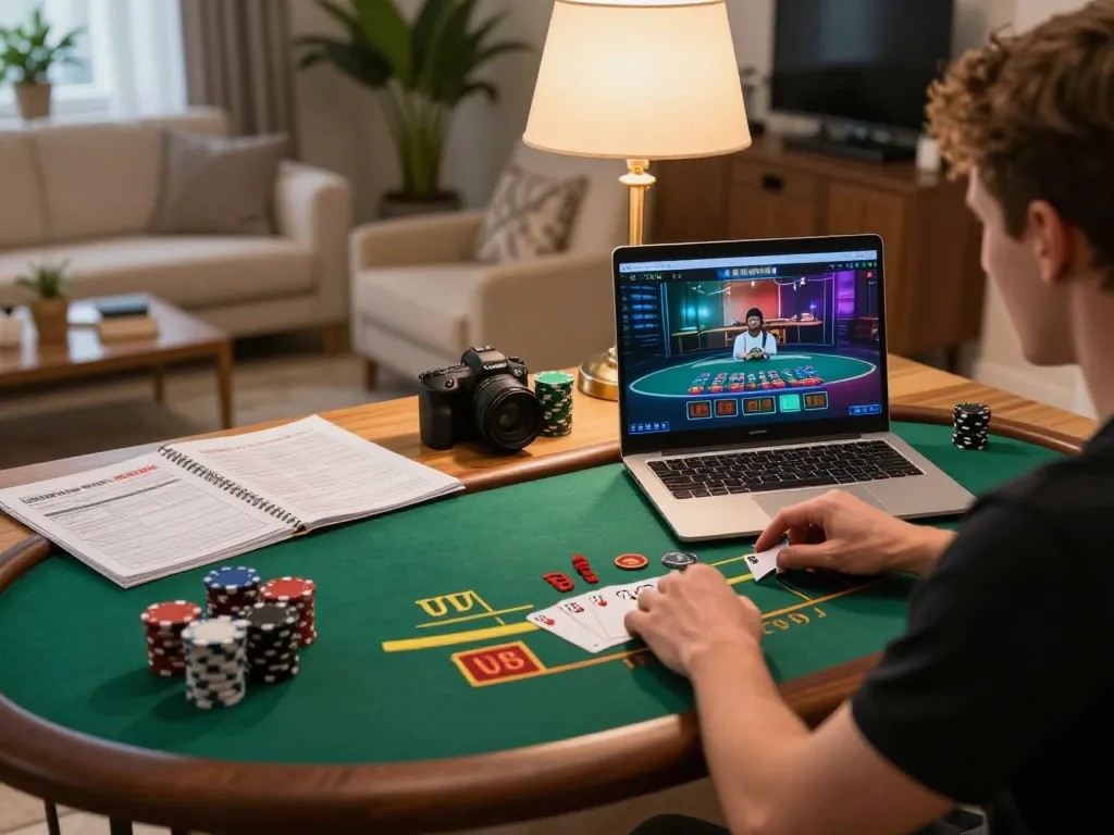 Player enjoying W188 online blackjack on laptop, surrounded by cozy home environment.
