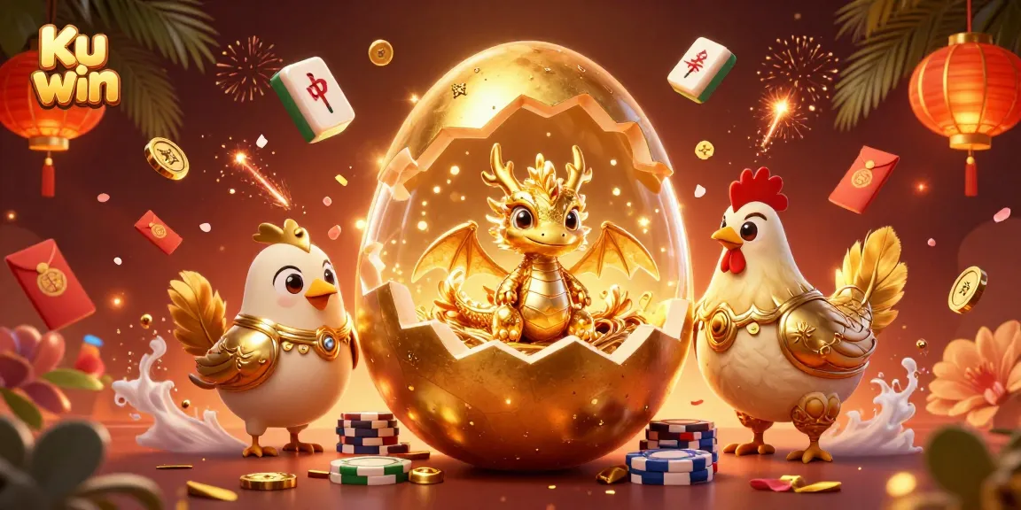 Engage in thrilling games at Ku win with a dynamic scene showcasing golden dragon and poker chips.
