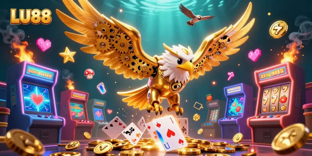 LU88 gaming scene with a cybernetic eagle and vibrant casino elements, enhancing the online betting experience.