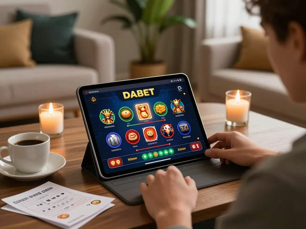 Dabet casino app displayed on a tablet in a cozy home setting during an online gaming session.