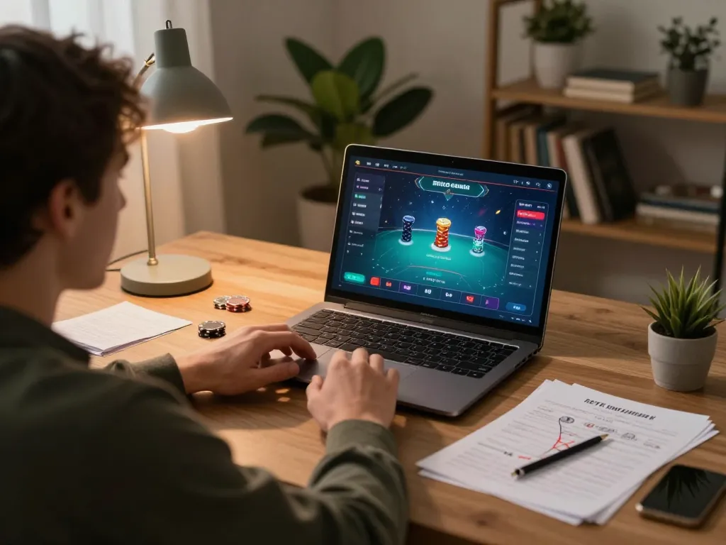 GEM88 online poker gameplay in a cozy home setting, emphasizing responsible gambling.