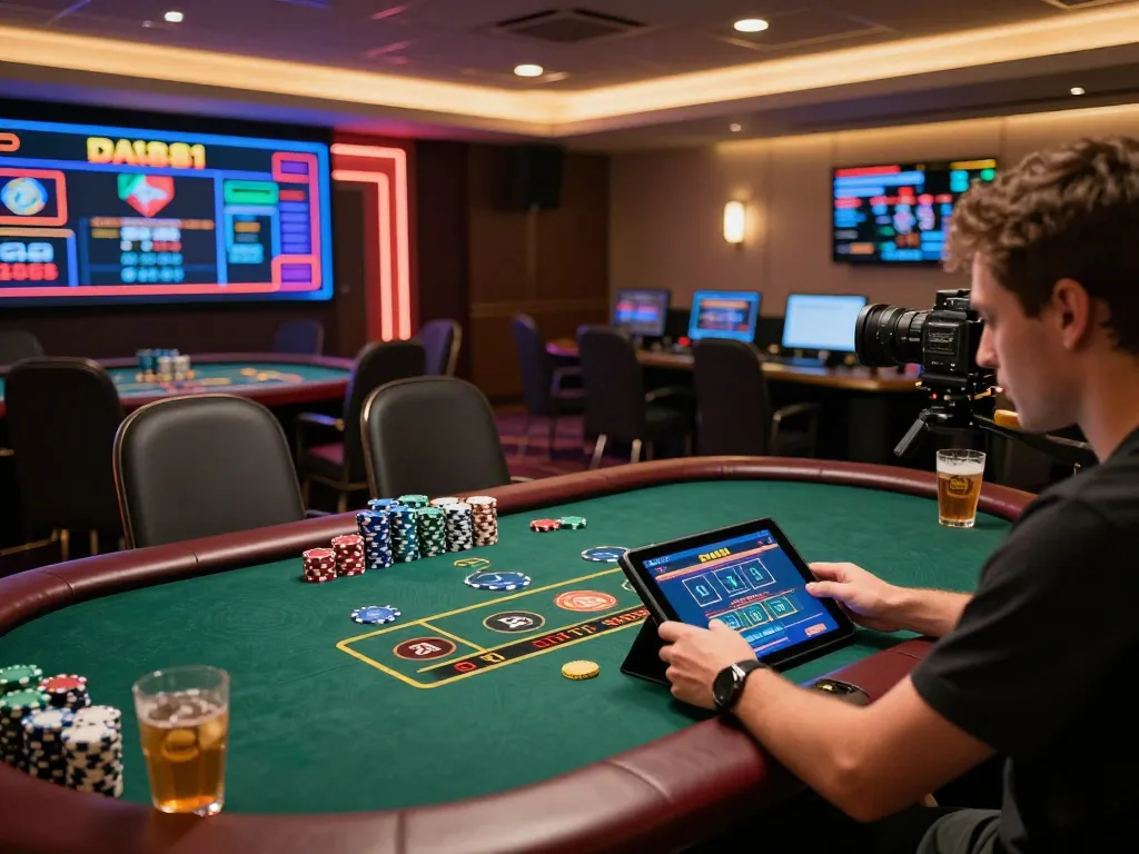 Player engaging with DA88 online casino on tablet, showcasing a dynamic betting interface and lively atmosphere.