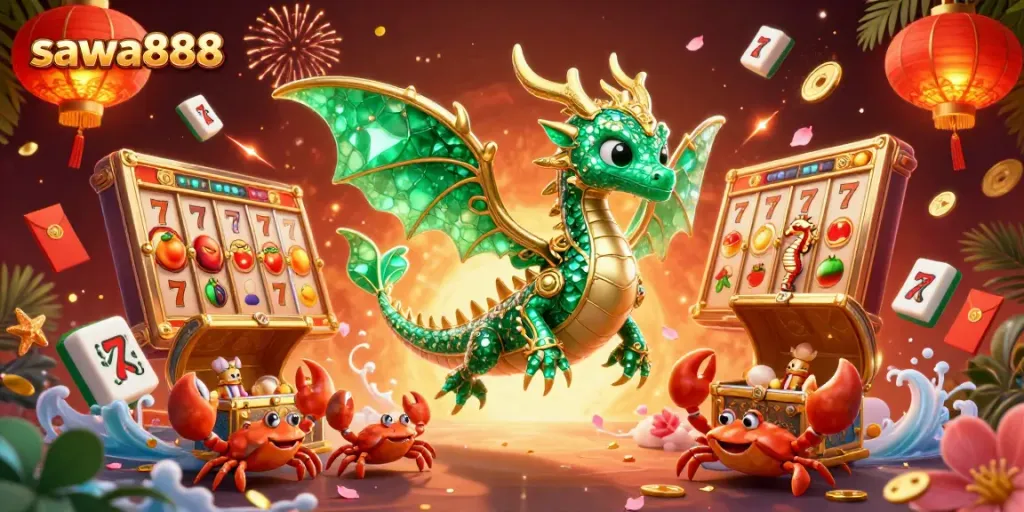 Experience exhilarating gameplay at sawa888 with a vibrant slot scene featuring mystical creatures and treasures amidst a festive backdrop.