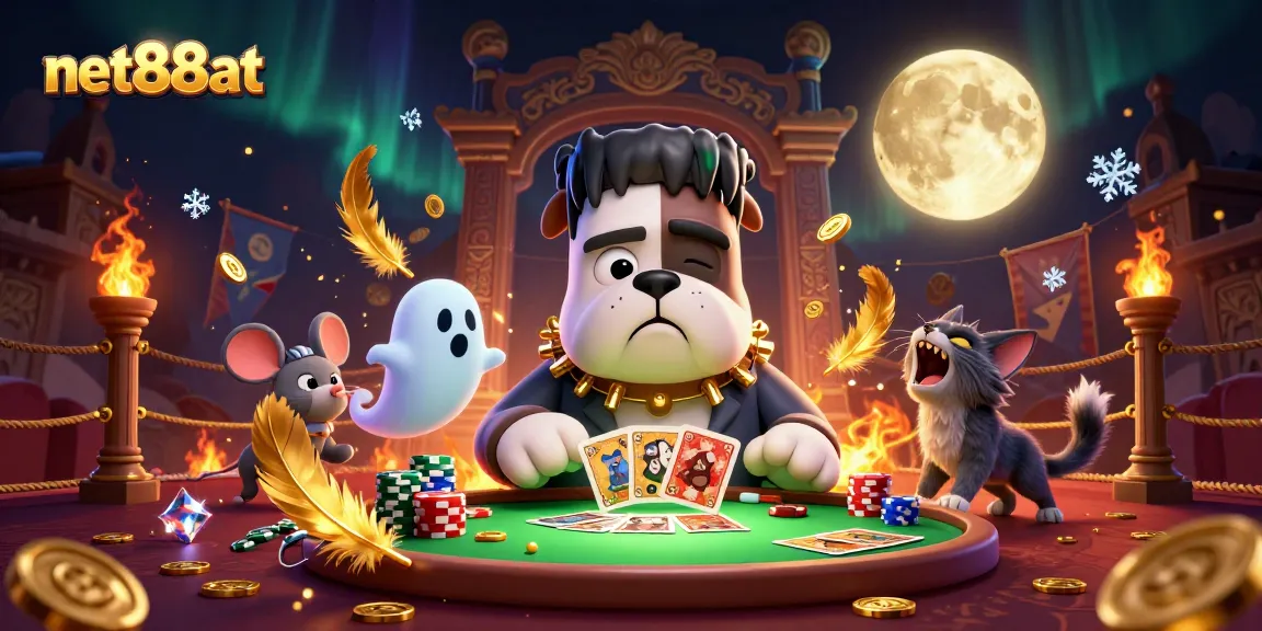 Experience thrilling gameplay with net88at as Frankenstein bulldog deals cards at a spooky casino.