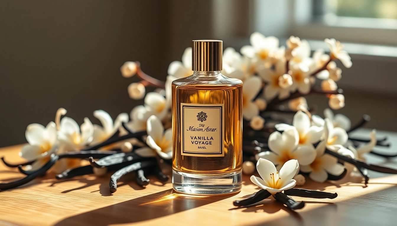 Admire Vanilla Voyage by Maison Asrar, elegantly presented among rich vanilla pods and blossoms.