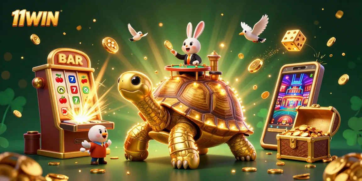 Experience thrilling gameplay with 11WIN in a vibrant casino scene featuring a golden tortoise and jackpot elements.