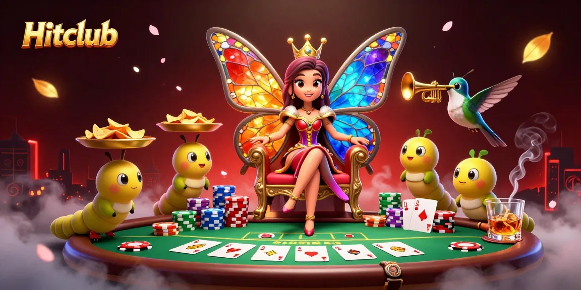Hitclub showcases a vibrant casino scene with a butterfly queen and poker elements portraying an exciting gaming atmosphere.