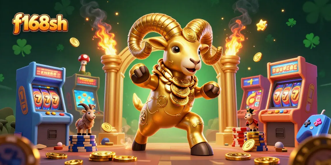 Experience thrilling casino gaming with f168sh's golden ram symbol, vibrant arcade elements, and slot action.