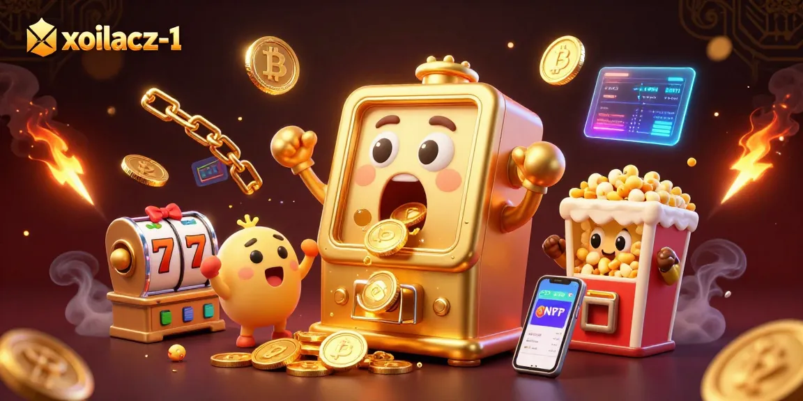 Epic slots action with xoilacz-1, featuring animated slot machines celebrating jackpots amidst vibrant crypto elements.