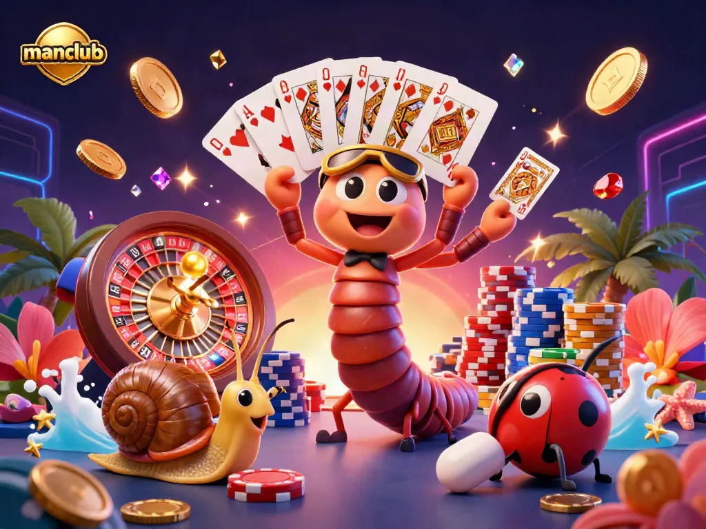 Experience the thrill of manclub casino with a vibrant scene featuring animated characters, roulette, and poker elements.