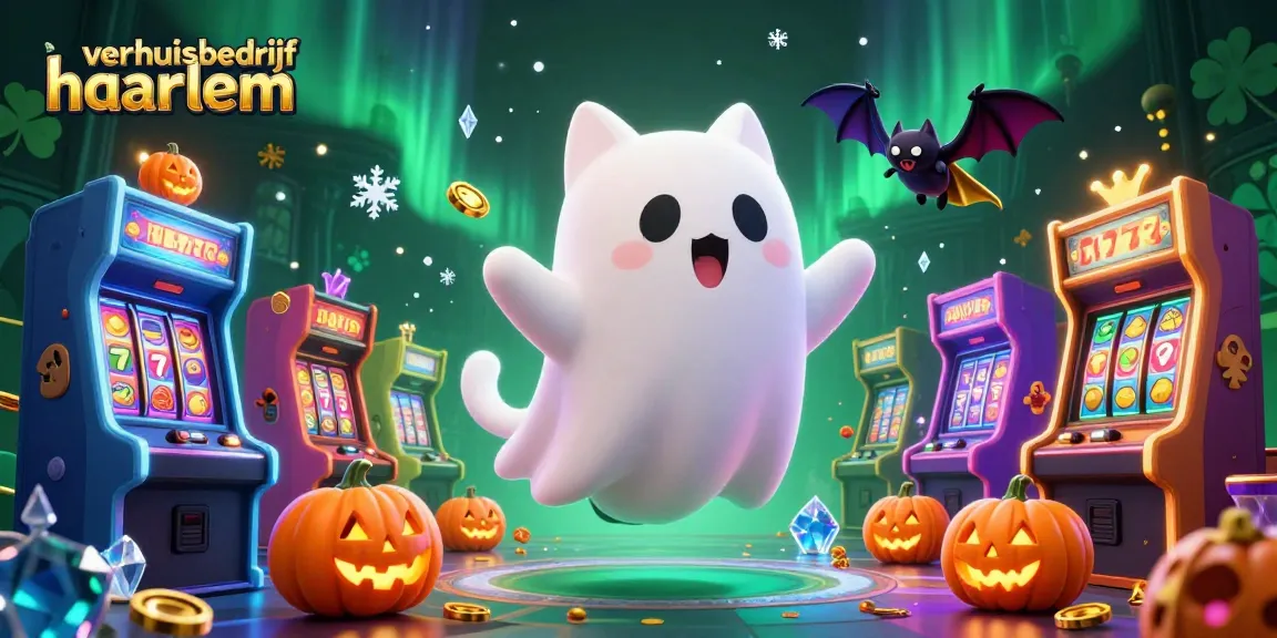 Spel en plezier met verhuisbedrijf haarlem, terwijl het spookkatje door een kansino zweeft en slotmachines in beweging zijn.