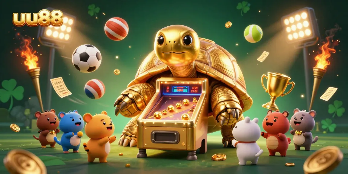 uu88 players enjoying a vibrant casino experience with a colossal golden tortoise, sports elements, and dynamic action