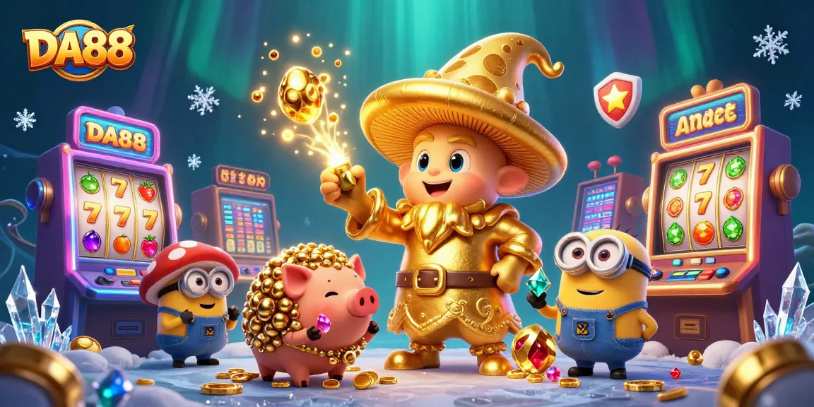 Spin and win with DA88-themed magical characters amidst vibrant slots and treasures.