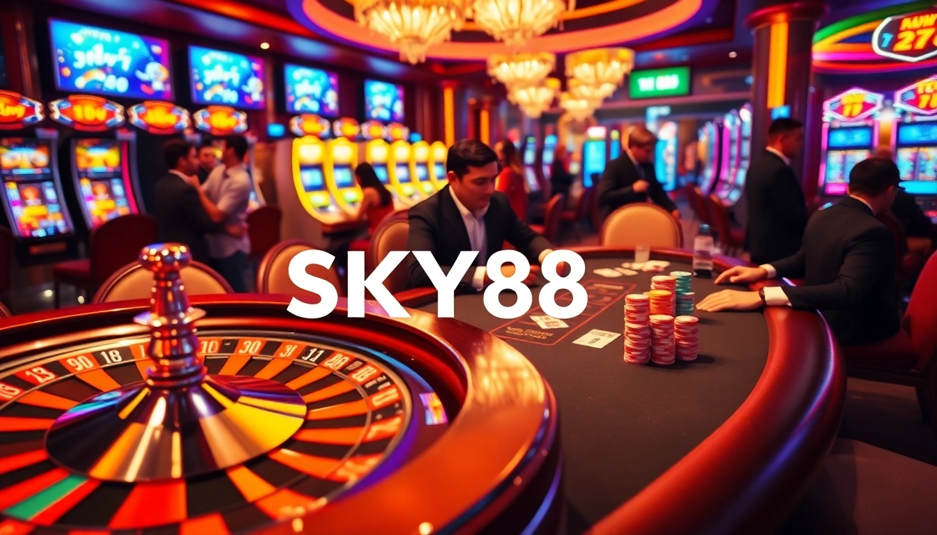 SKY88 casino scene showcasing luxury poker tables and vibrant slot machines for an exciting atmosphere.