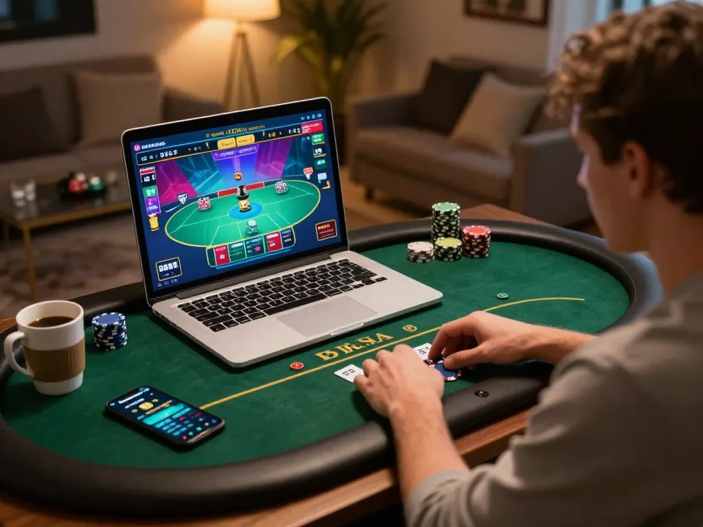 79king player enjoying online poker while tracking bankroll management strategies at home