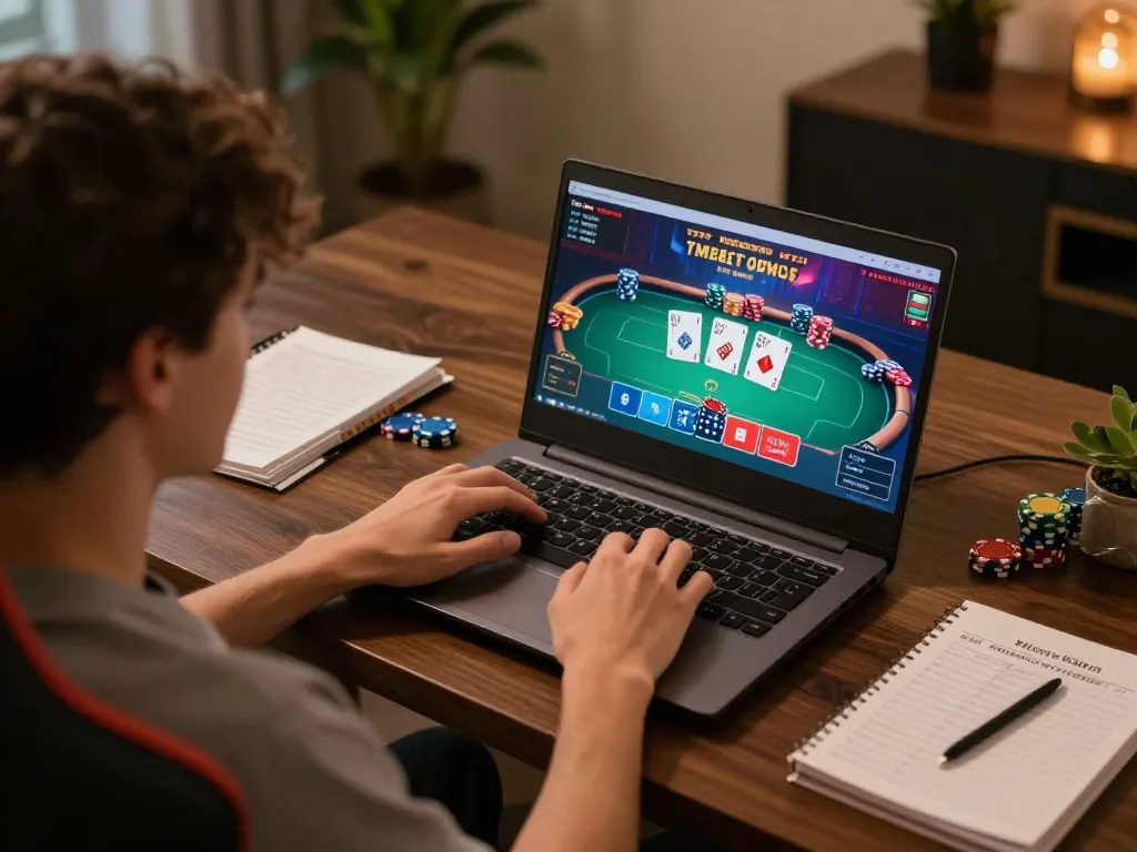 Player engaged in online gaming at top88pq.com, showcasing vibrant poker interface and strategic setup in a cozy atmosphere.