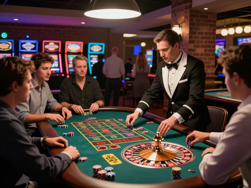 Players enjoy an exciting roulette game at a TR88-themed casino, featuring vibrant chips and a spinning wheel.