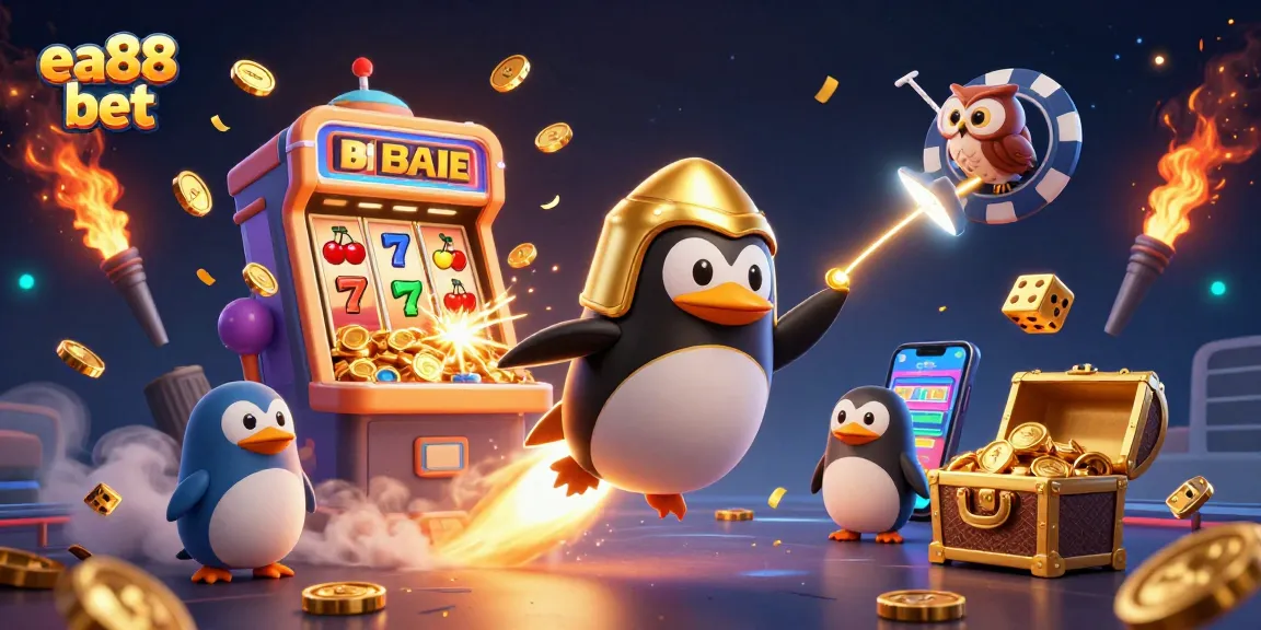 Experience the excitement of ea88 bet with a dynamic, 3D golden penguin racing towards a casino in space.