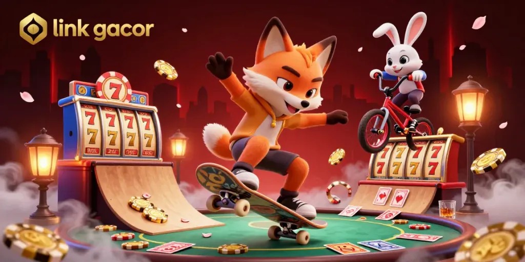 Experience vibrant gameplay with link gacor at its finest, illustrated with lively characters and casino elements.