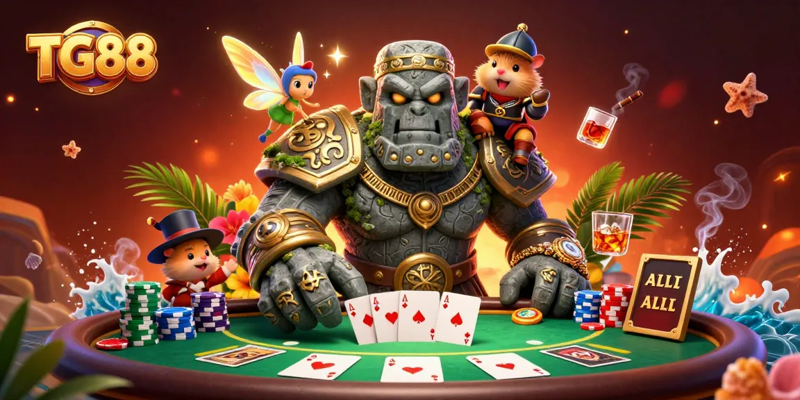 Experience the excitement of TG88 with a dynamic scene featuring a golem, a fairy, and a hamster knight in a vibrant poker setting.
