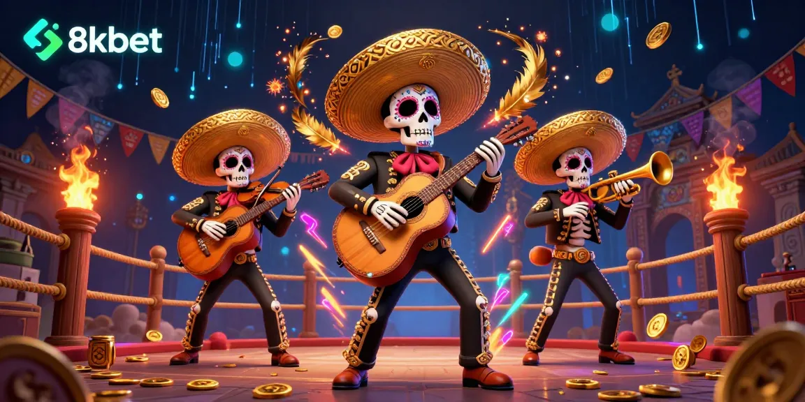 Experience the vibrant energy of 8kbet with a Day of the Dead mariachi band and dynamic casino elements.