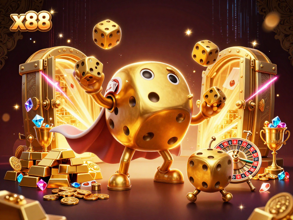 x88 offers thrilling gameplay with a golden dice golem and dazzling casino elements in action