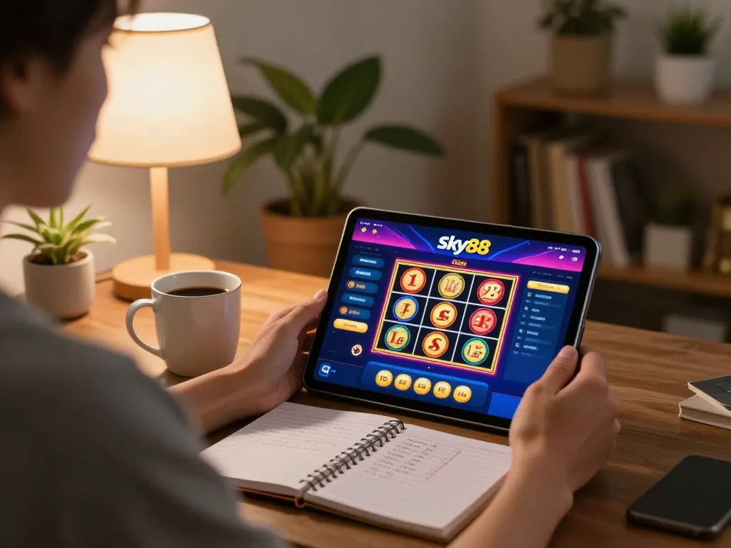 Engaging in Sky88 online casino gameplay on a tablet in a cozy home setting.