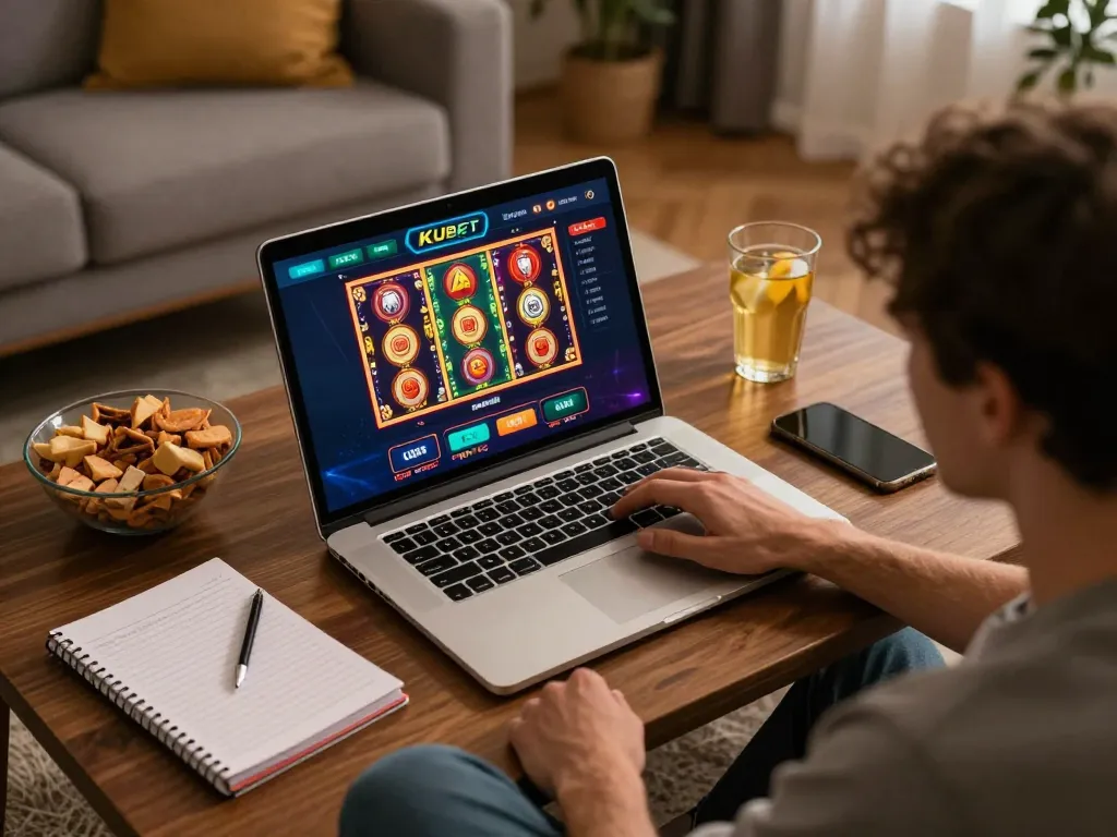 Engaging player enjoying ku bet online casino gaming session at home, laptop showcasing vibrant KUBET interface.