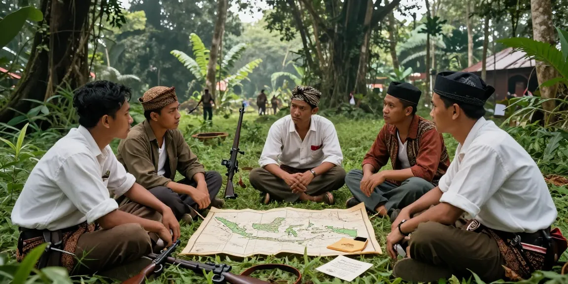 Indonesian freedom fighters discussing strategies during the colonial era, showcasing historical resistance related to rokok 88.