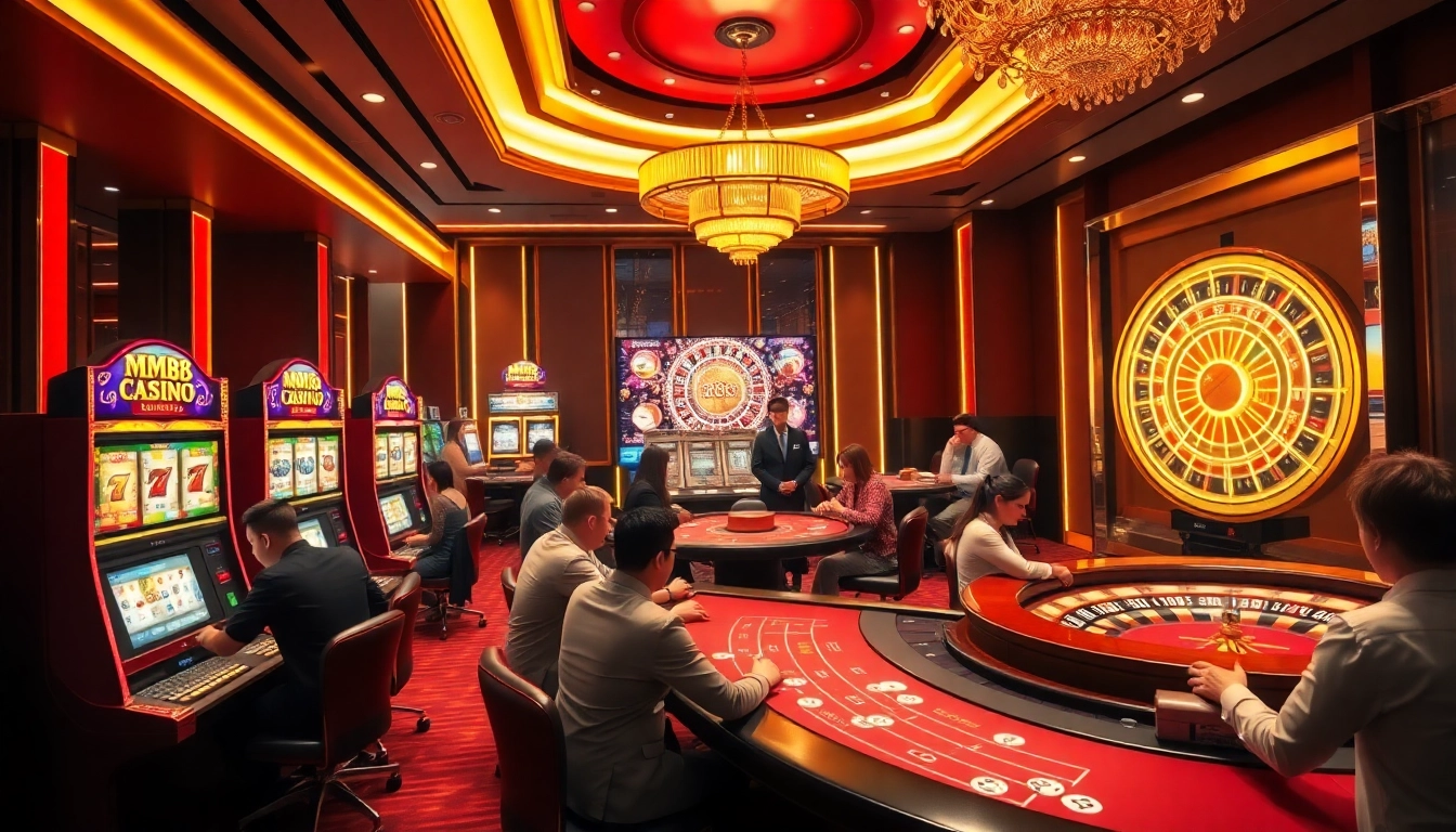 Players engage in thrilling games at MM88's luxurious casino, showcasing excitement and professional dealers.