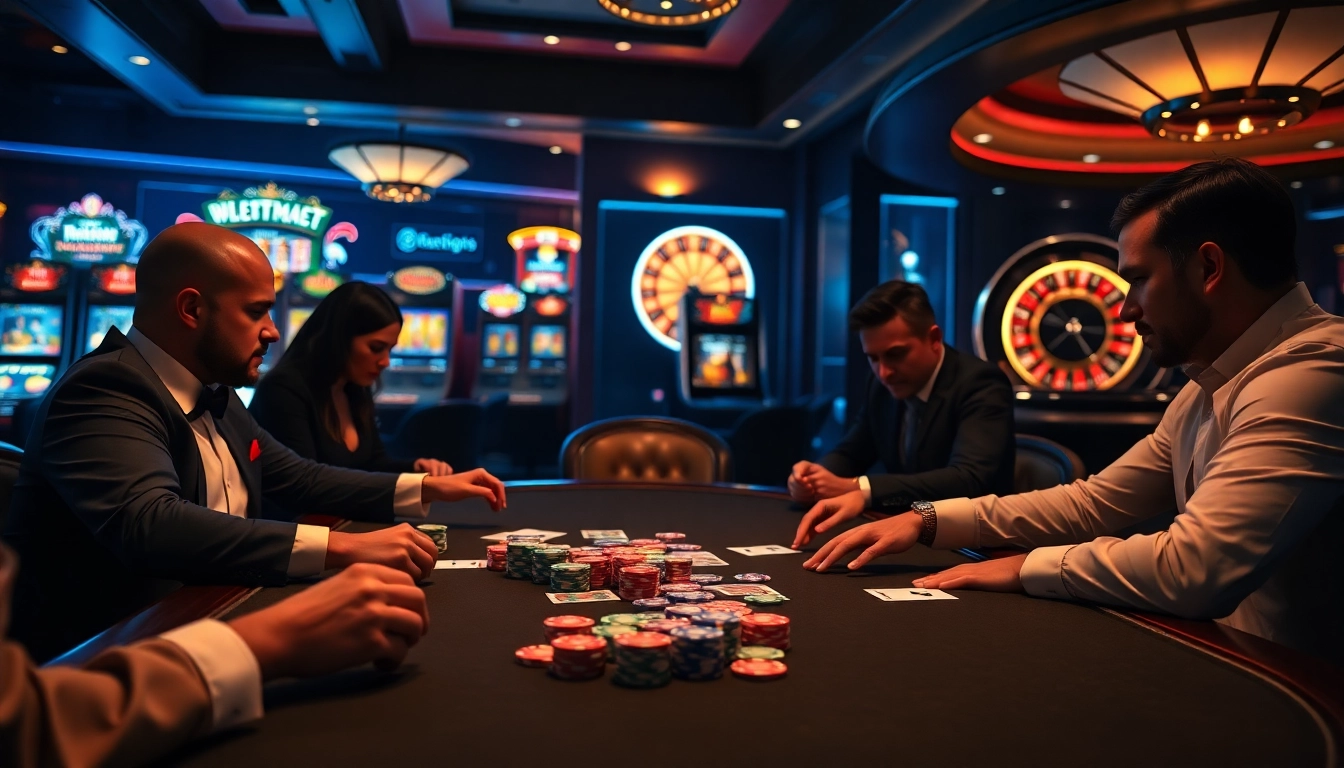 Engaging poker players at a luxurious casino table featuring 7mcn elements and vibrant chips.