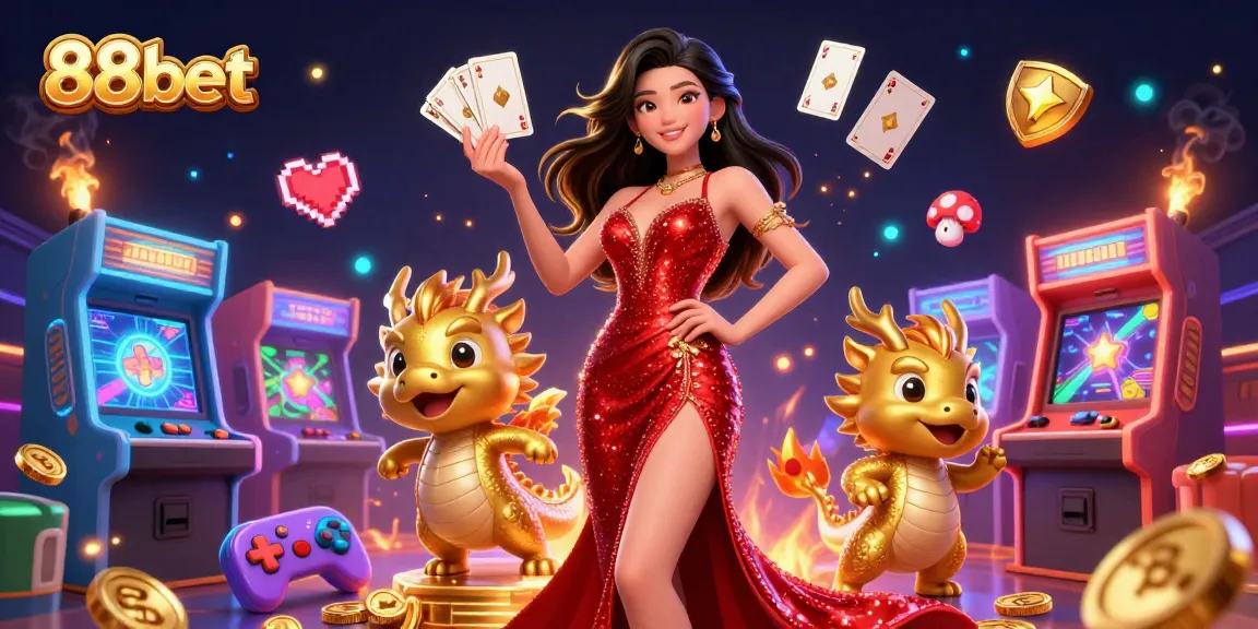 Experience the excitement of 88bet with a stunning Asian host, golden dragon, and floating cards in a dynamic casino scene.
