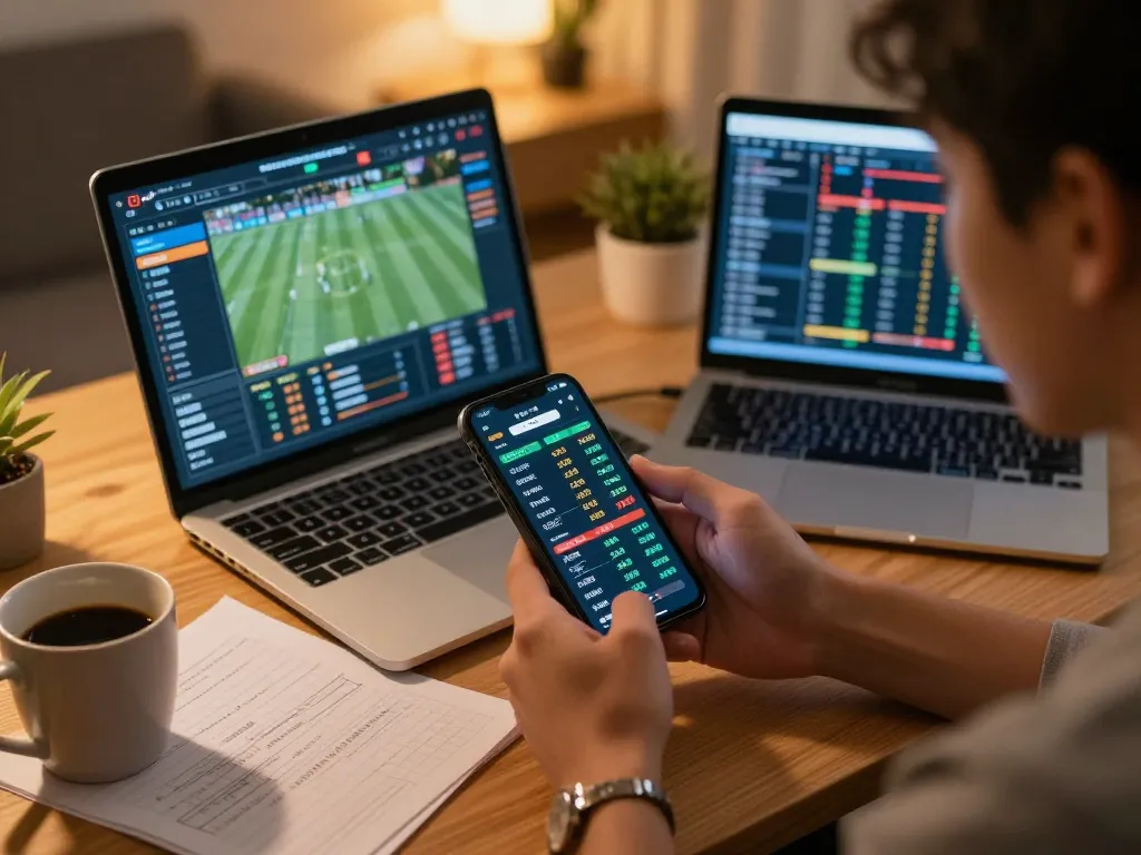 Engaged bettor using nhacaiuytin44 app for live sports betting in a cozy home office.